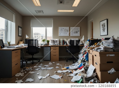 A mountain of garbage, garbage bags in the middle of a modern bright office during the working day A mountain of garbage, garbage bags in the middle of a modern bright office during the working day 120188855