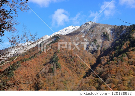 深秋從一之倉澤健行路線上看到的白雷門和笠岳 120188952
