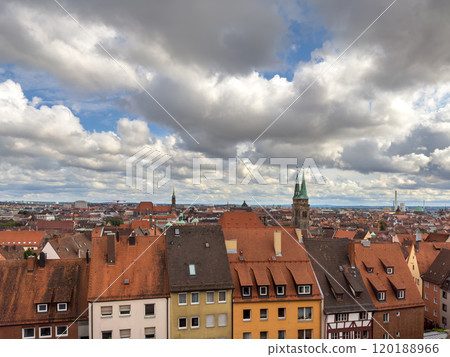 Aerial view of Nuremberg at sunny day with St. Sebaldus Church Tower 120188966