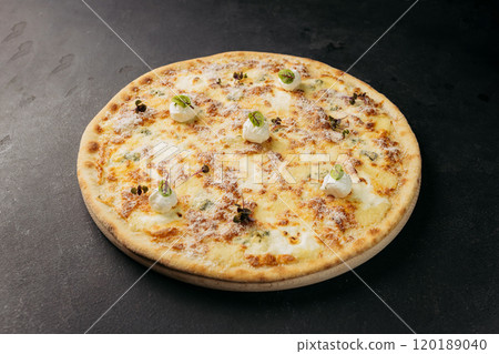 Classic Italian pizza with a golden cheese topping and herbs, ready to enjoy 120189040