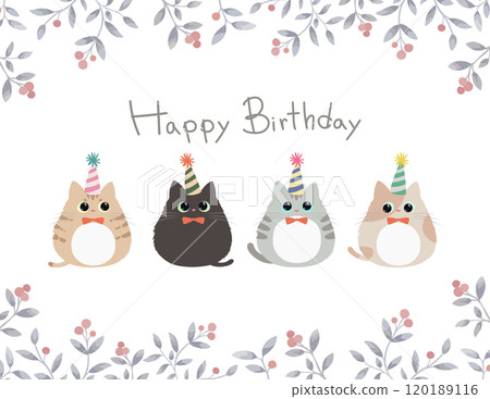 Birthday card with cute cat and plant frame and Happy Birthday lettering Birthday card with cute cat and plant frame and Happy Birthday lettering 120189116