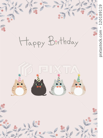 Birthday card with cute kittens and plant frame and Happy Birthday lettering 120189119