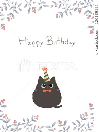 Birthday card with cute cat and plant frame and Happy Birthday lettering 120189135