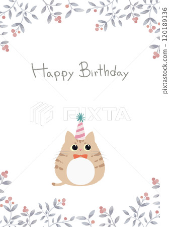 Birthday card with cute cat and plant frame and Happy Birthday lettering 120189136