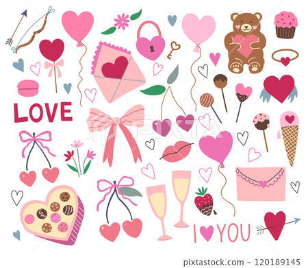 Valentine doodle elements, hearts, candies, bows, coquette cherries and baloons, isolated on white background. Hand-drawn vector illustration. Valentine doodle elements, hearts, candies, bows, coquette cherries and baloons, isolated on white background. Hand-drawn vector illustration. 120189145