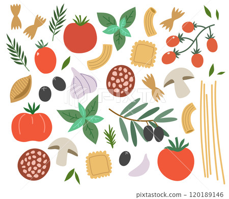 Italian food vector elements for design. Pasta, tomatoes, spices and. mushrooms, hand-drawn illustrations, isolated on white background. Italian food vector elements for design. Pasta, tomatoes, spices and. mushrooms, hand-drawn illustrations, isolated on white background. 120189146