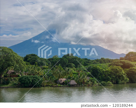 Lush greenery surrounds serene lake 120189244