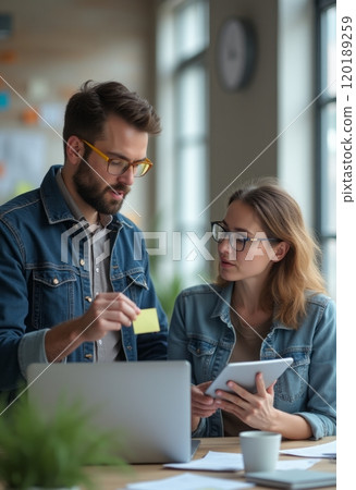 A man and a woman are engaged in a focused discussion in a contemporary office setting, surrounded by natural light and greenery. The man holds a yellow sticky note while the woman looks at him 120189259