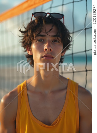 A young man with tousled hair stands confidently in front of a beach volleyball net, wearing a bright yellow tank top. His serious expression and the sunglasses perched on his head suggest a relaxed A young man with tousled hair stands confidently in front of a beach volleyball net, wearing a bright yellow tank top. His serious expression and the sunglasses perched on his head suggest a relaxed 120189274