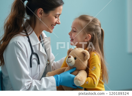A caring doctor smiles warmly at a young girl holding a teddy bear, creating a comforting atmosphere in a medical setting. The scene highlights the bond between healthcare professionals and children 120189324