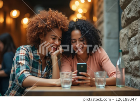 friends, smiling, smartphone 120189347