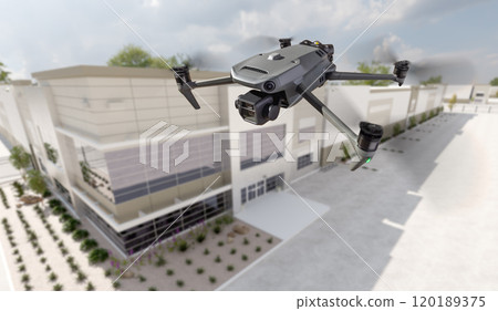 Unmanned Aircraft System Quadcopter Drone UAV In The Air Near Corporate Industrial Building Unmanned Aircraft System Quadcopter Drone UAV In The Air Near Corporate Industrial Building 120189375