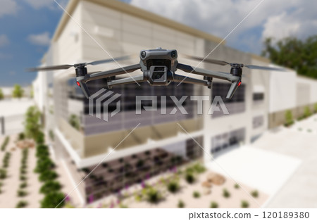 Unmanned Aircraft System Quadcopter Drone UAV In The Air Near Corporate Industrial Building 120189380