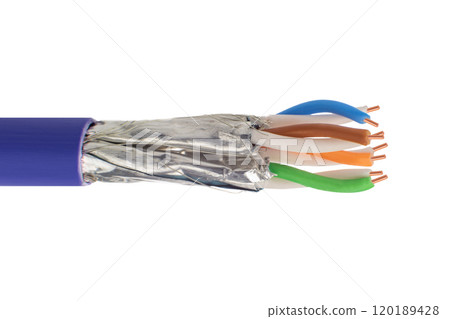 Close Up of Shielded Ethernet Cable with Colored Wires 120189428