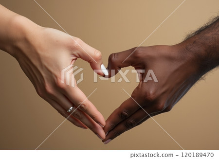 Two hands, one light and one dark, are positioned to form a heart shape against a soft beige background. The image symbolizes love and unity, showcasing the beauty of diversity and connection between 120189470