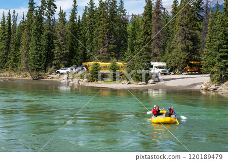 Athabasca River Rafting in summer. Jasper National Park, Alberta, Canada. Canadian Rockies. Athabasca River Rafting in summer. Jasper National Park, Alberta, Canada. Canadian Rockies. 120189479
