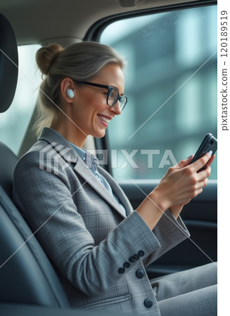 A young woman in a stylish gray suit is sitting in a car, smiling while using her smartphone. She wears wireless earbuds and glasses, exuding a professional yet relaxed vibe as she enjoys her time in 120189519