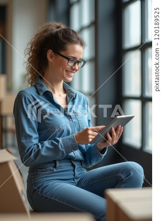 A young woman with curly hair and glasses is sitting on a box, happily using a tablet in a bright, modern space. She is dressed in a stylish denim outfit, and the large windows behind her allow A young woman with curly hair and glasses is sitting on a box, happily using a tablet in a bright, modern space. She is dressed in a stylish denim outfit, and the large windows behind her allow 120189525