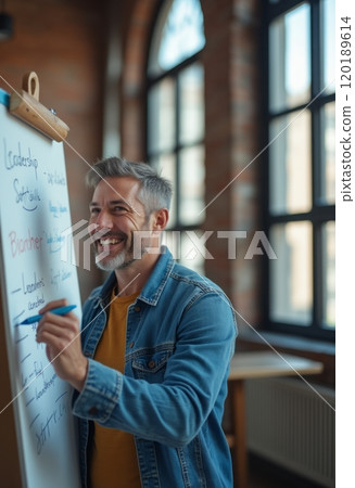 A cheerful man with gray hair is standing next to a whiteboard, enthusiastically writing down ideas in a bright, airy room. He is wearing a denim jacket over a yellow shirt, embodying a positive and 120189614