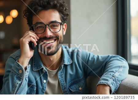 A young man with curly hair and glasses is smiling while talking on his smartphone in a cozy indoor setting. His casual denim jacket and warm expression convey a sense of friendliness and 120189735
