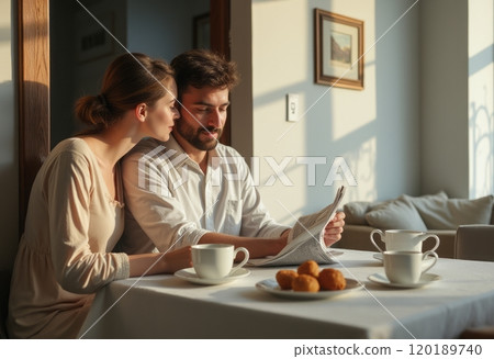 A young couple sits at a table, sharing a moment over breakfast with coffee and pastries while reading a newspaper. The warm sunlight filters through the window, creating a cozy atmosphere that 120189740