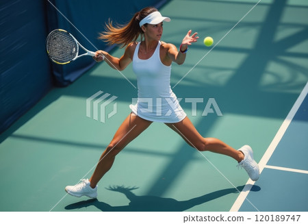 A focused female tennis player is captured mid-swing on a bright court, showcasing her athleticism and skill. She wears a white outfit and a visor, demonstrating a dynamic pose as she prepares to hit 120189747