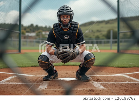 A focused young male baseball catcher is crouched behind home plate, wearing a black helmet and protective gear. The image captures the intensity of the moment, framed by the diamond mesh of the fence 120189762