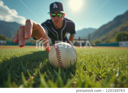 A focused baseball player in a black jersey and cap is reaching out towards a baseball on the grass field under a bright sun. The image captures the intensity of the moment, highlighting the player's 120189763