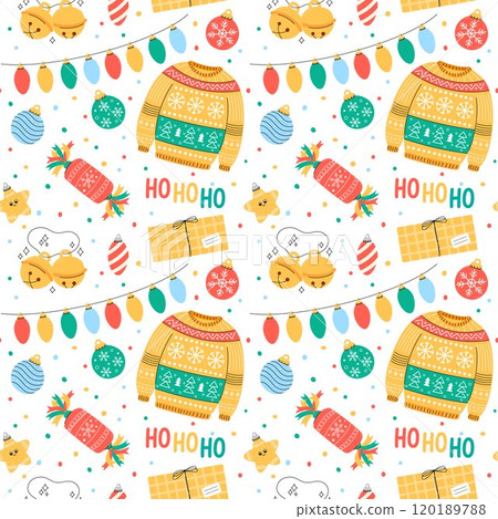 Fun Christmas seamless pattern. Vector illustration. Cute colorful festive Xmas background with simple holiday elements and symbols. Ugly sweater, ornaments, gifts, jingle bells Fun Christmas seamless pattern. Vector illustration. Cute colorful festive Xmas background with simple holiday elements and symbols. Ugly sweater, ornaments, gifts, jingle bells 120189788