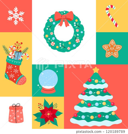 Cute Christmas tile pattern seamless vector illustration. Colorful festive Xmas background with simple holiday elements, ornaments and symbols for December seasonal designs. Flat and doodles 120189789