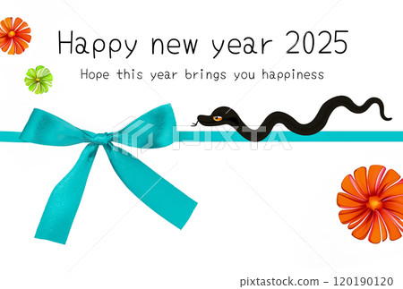 2025 Year of the Snake Cute New Year's card template with blue ribbon and snake 120190120