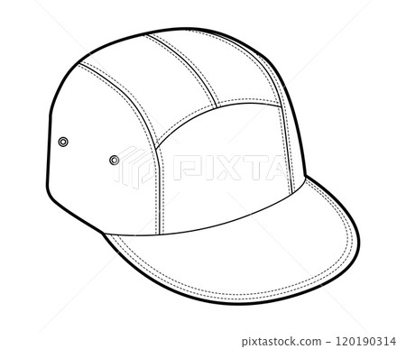 Camper Five Panel Cap Hat. Summer Head Fashion accessory clothing technical illustration. Vector headgear for Men, 120190314