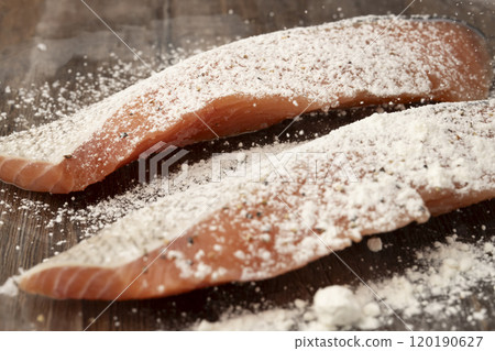 Salmon Meuniere - Preparation - Sprinkle salt, pepper and flour 120190627