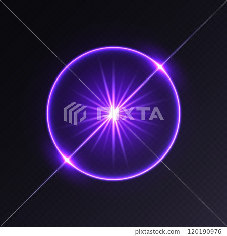 Purple light flare, glowing shiny sparkle, lens flare effect, bright glimmering glare. 120190976
