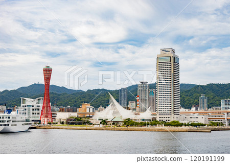 Port of Kobe - Port Tower of Meriken Park and Kobe city as seen from a sightseeing boat Port of Kobe - Port Tower of Meriken Park and Kobe city as seen from a sightseeing boat 120191199