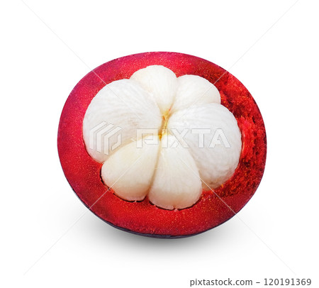 Half mangosteen fruit isolated on white background. Half mangosteen fruit isolated on white background. 120191369