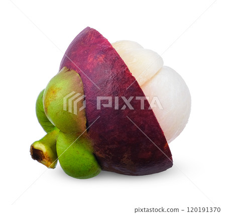 Half mangosteen fruit isolated on white background. Half mangosteen fruit isolated on white background. 120191370