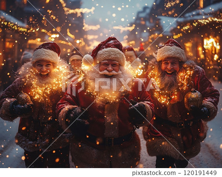 Three cheerful Santa Clauses spreading joy in a festive Christmas market at twilight 120191449