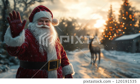 A cheerful Santa waves hello on a snowy Christmas evening surrounded by festive decorations 120191535
