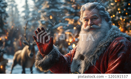 A joyful Santa waves from a snowy forest filled with twinkling Christmas lights and reindeer 120191537