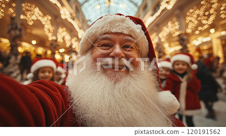 Santa Claus taking a selfie with children during a festive holiday celebration in a mall 120191562