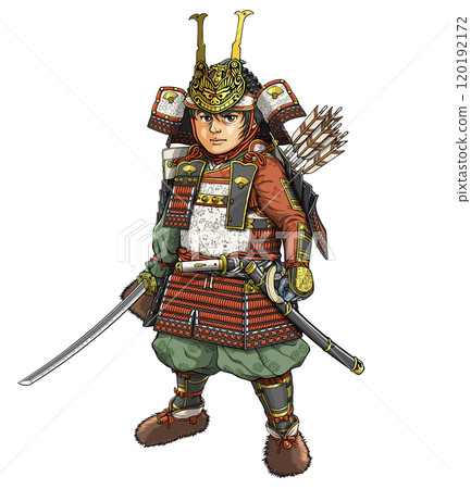 Kamakura warrior Minamoto no Yoshitsune facing forward in his large armor Kamakura warrior Minamoto no Yoshitsune facing forward in his large armor 120192172