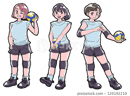 Illustration set of a girl holding a volleyball Illustration set of a girl holding a volleyball 120192210