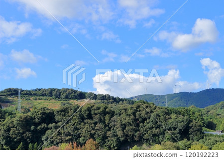 Blue sky, white clouds and wind power generation facilities 120192223