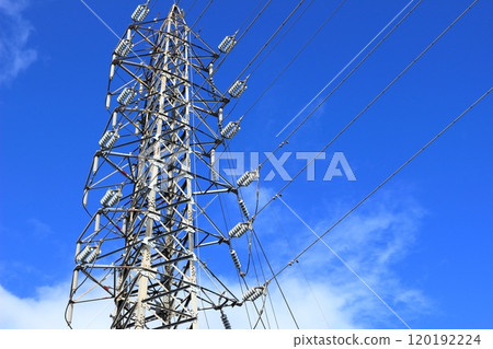 Steel tower, blue sky and white clouds Steel tower, blue sky and white clouds 120192224
