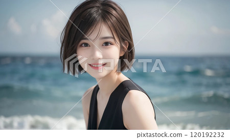 A woman with short hair smiling gently at the sea 120192232