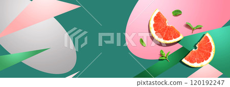 Fresh grapefruits and mints overhead view Fresh grapefruits and mints overhead view 120192247