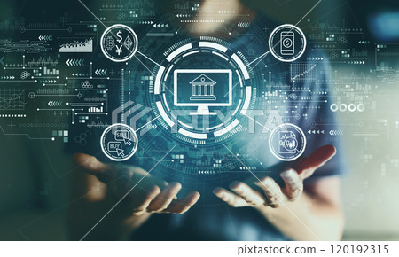 Cryptocurrency fintech theme with young man 120192315