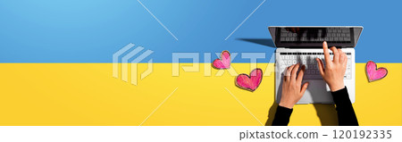 Laptop computer with craft heart drawings Laptop computer with craft heart drawings 120192335