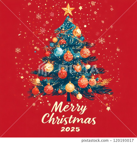Colorful Christmas tree design with ornaments and star for festive holiday greetings 120193017